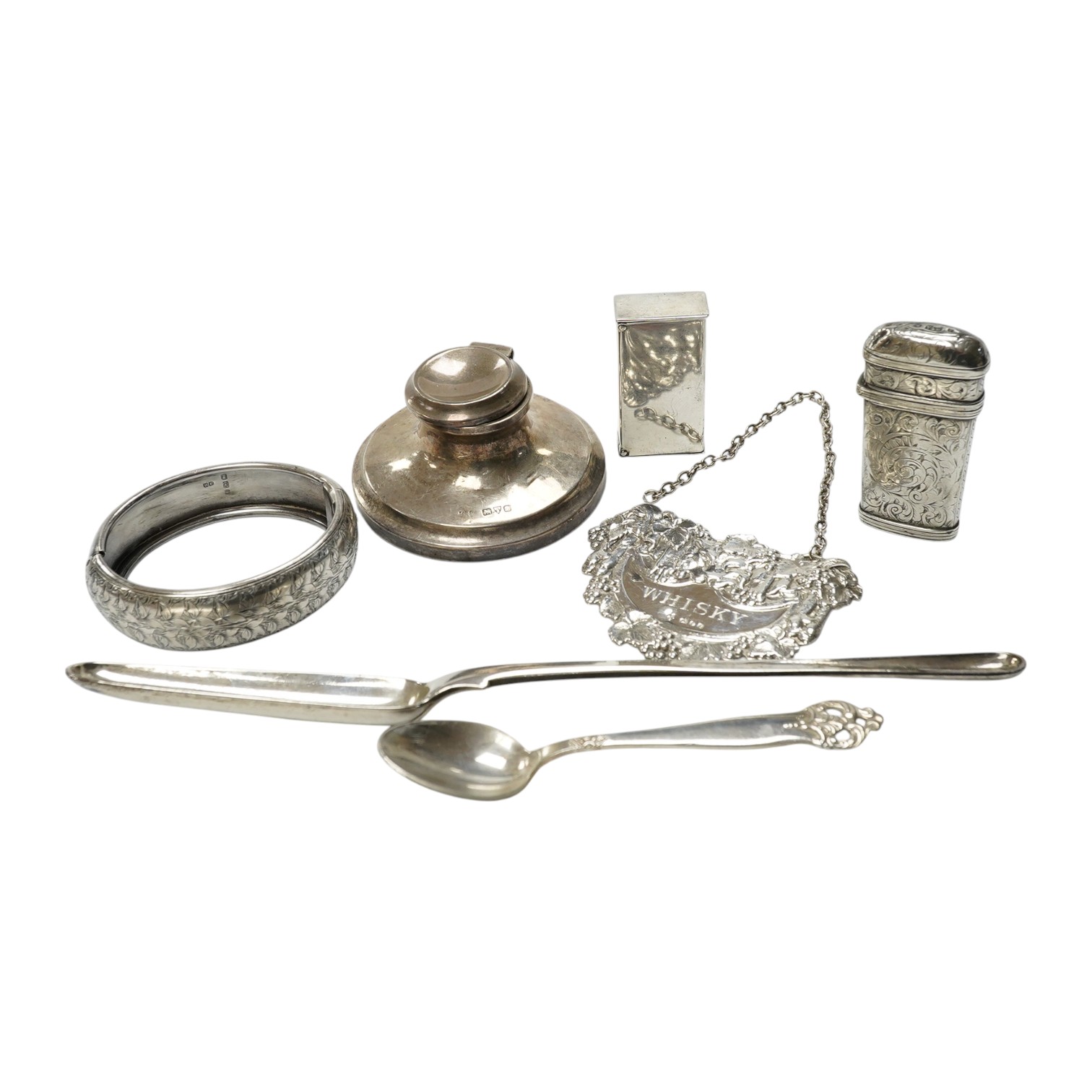 A late George III silver marrow scoop, Eley & Fearn, London, 1818, 21.6cm, a sterling double ended pill box, a Victorian silver etui case and four other items including an inkwell, wine label and plated spoon. Condition